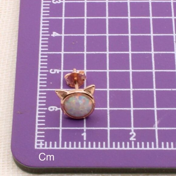 925 Sterling Silver Rose Gold Opal Kitty Cat Stud Earrings - Picture 3 of 5